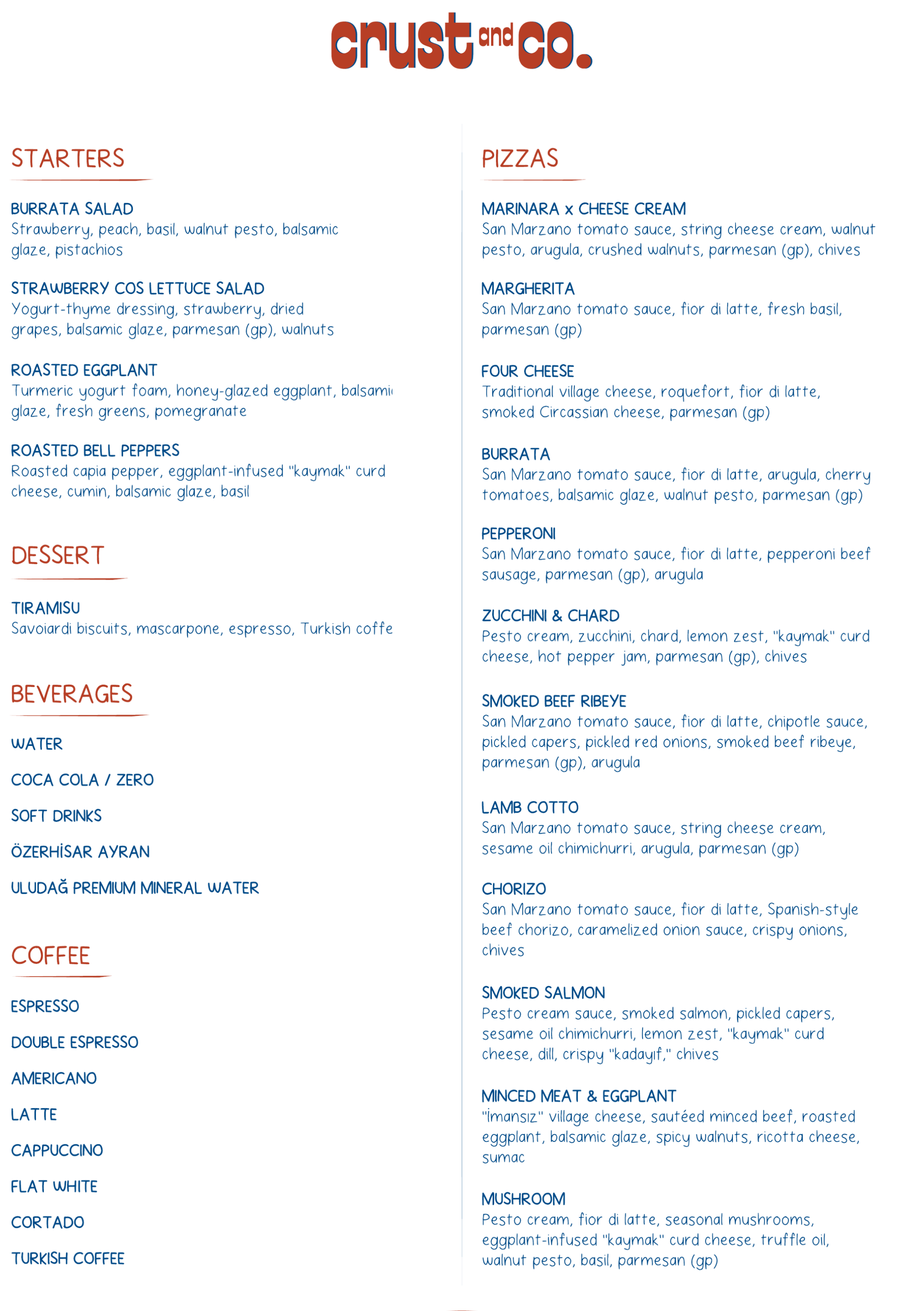 Crust and Co. Menu - Starters, Panuozzo, Pizza, Beverages, Coffee, Dessert